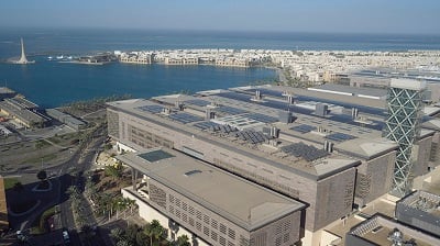 Ariel view of KAUST campus showing solar cells on top of some of the buildings. Source: KAUST