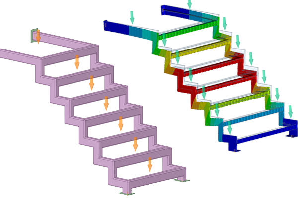 Stair stingers before and after using Ansys Discovery Live. Simulation confirmed thinner materials, as compared to tubes, would be strong enough to support loads