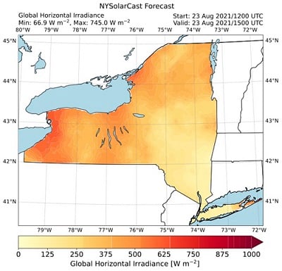 Forecasts of irradiance across New York state are produced every 15 minutes by NYSolarCast. Source: U.S. National Center for Atmospheric Research