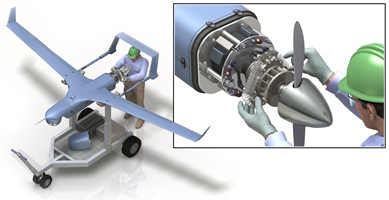 Artists rendering of a technician checking a LiquidPiston rotary engine on a drone aircraft. Image source LiquidPiston.