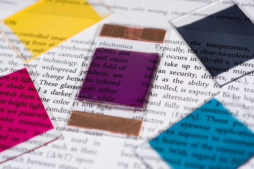 Samples show some of the colors researchers have produced in electrochromic polymers. Source: Georgia Tech