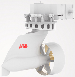 Azipod propulsion is a gearless steerable propulsion system with the electric drive motor located in a submerged pod outside the ship hull. Image credit: ABB.