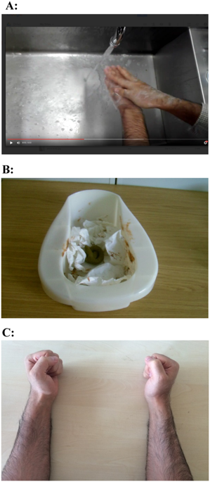 (A) The video footage used in the &ldquo;washing&rdquo; group. (B) The &ldquo;disgust stimulus&rdquo; used for the video footage in the &ldquo;contamination&rdquo; group. (C) The hand movements performed for the video footage used in the control condition. Source: University of Cambridge