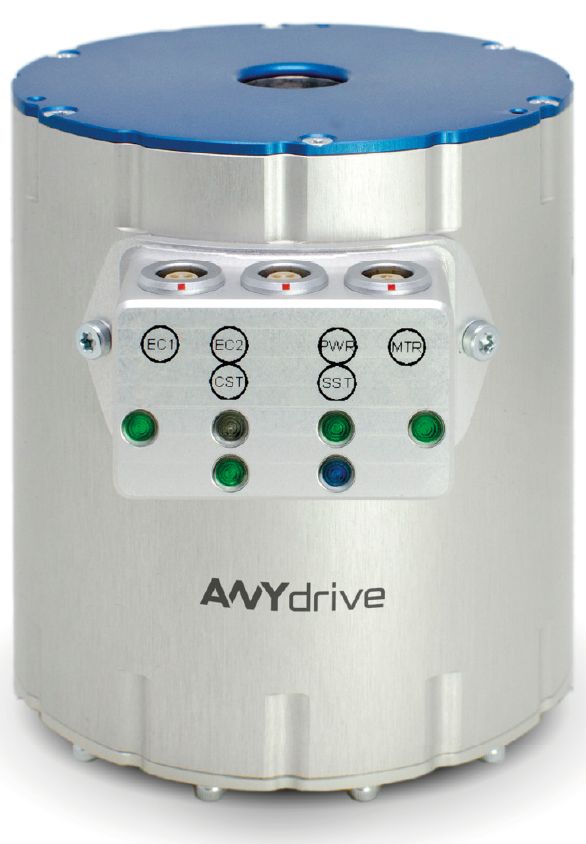 Anydrive robot joints are fully integrated actuators. They contain power electronics that drive a brushless motor; a backlash-free gear and custom spring; and position and motion sensors. Source: Anybotics AG