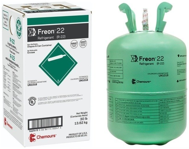 A 30 lb cylinder of R-22 refrigerant. Introduced in the 1950s, R-22 became one of the most widely-used refrigerants for residential cooling. Unfortunately, R-22 released into the atmosphere depletes the ozone layer and traps 1,810 times more heat than CO2. As a result, a phase-out of the refrigerant in the U.S. began in 2010. All production and import of R-22 will be banned in the U.S. starting January 1, 2020. The only source of the refrigerant in the country after that date will be from stockpiles or reclaimed fluid from existing units. Source: Refrigerant Depot