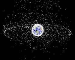 Space debris seen from outside geosynchronous orbit. The two main debris fields are the ring of objects in GEO and the cloud of objects in low Earth orbit. Image source: Wikipedia