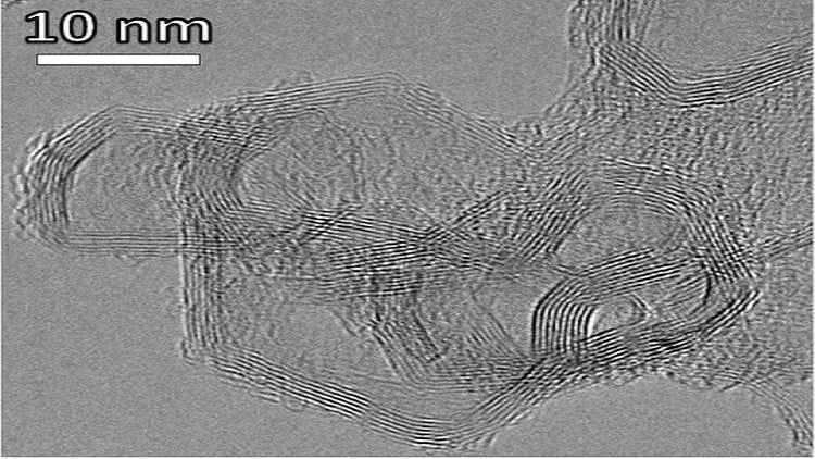Transmission electron microscope image of layered stacks of nano-scale flash graphene sheets formed from waste plastic. Source Kevin Wyss/Tour Lab, Rice University