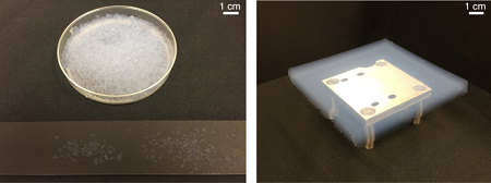 Left and right panels show the aerogel particles and an aerogel tile, respectively. Source: 2019, Springer Nature