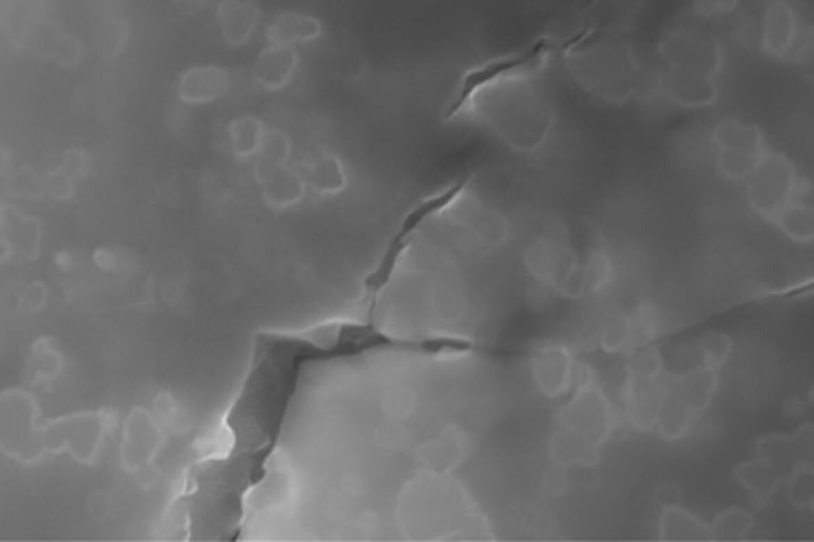 An electron microscope image of a new, tougher glass developed at UCLA, showing how nanoparticles (rounded, irregular shapes) deflect a crack and force it to branch out. Source: SciFacturing Lab/UCLA