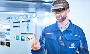 Initial field trials have shown that use of the HoloLens mixed-reality technology speeds maintenance by up to four times. Image credit: Thyssenkrupp.