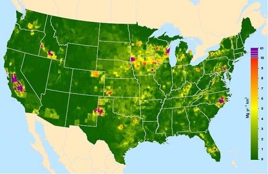 The researchers estimated methane emissions using a "gridded" approach, dividing the U.S. into 0.1- by 0.1-degree geographic information system (GIS) units. The study pegged total U.S. livestock methane emissions of 19.6 billion pounds per year. This map shows where they are coming from. Source: Penn State