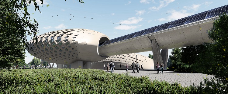 An artist’s rendering of a hyperloop center where passengers will board a pod and travel to another location. Source: HyperloopTT 