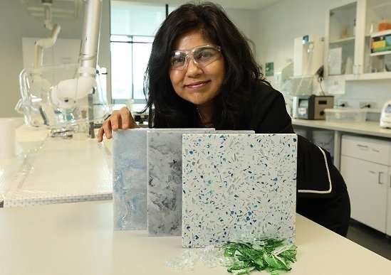 Professor Veena Sahajwalla, Director of UNSW’s Centre for Sustainable Materials Research and Technology (SMaRT), with glass waste ceramic tiles. Source: University of New South Wales