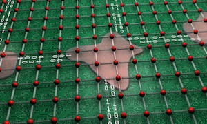 Complex oxide materials can self-organize into electrical circuits, creating the possibility for new types of computer chips. Image credit: ORNL.