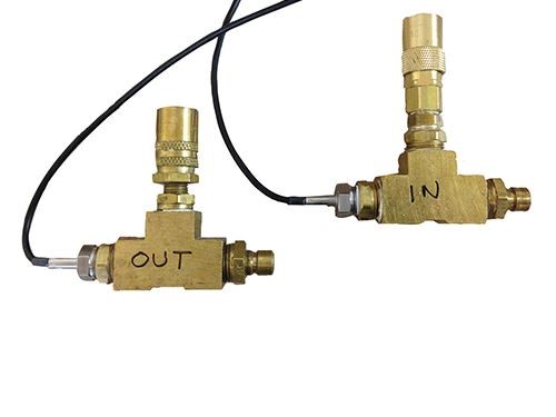 Figure 2: Figure 2. Measuring temperature difference through a cooling circuit requires extremely accurate sensors. Measuring with a pair of ultra-precision, immersion-style resistance temperature detectors and a hand-held, dual-channel reader is a good method. The sensors can be mounted in a pair of tees with quick-connect fittings on the other ports.