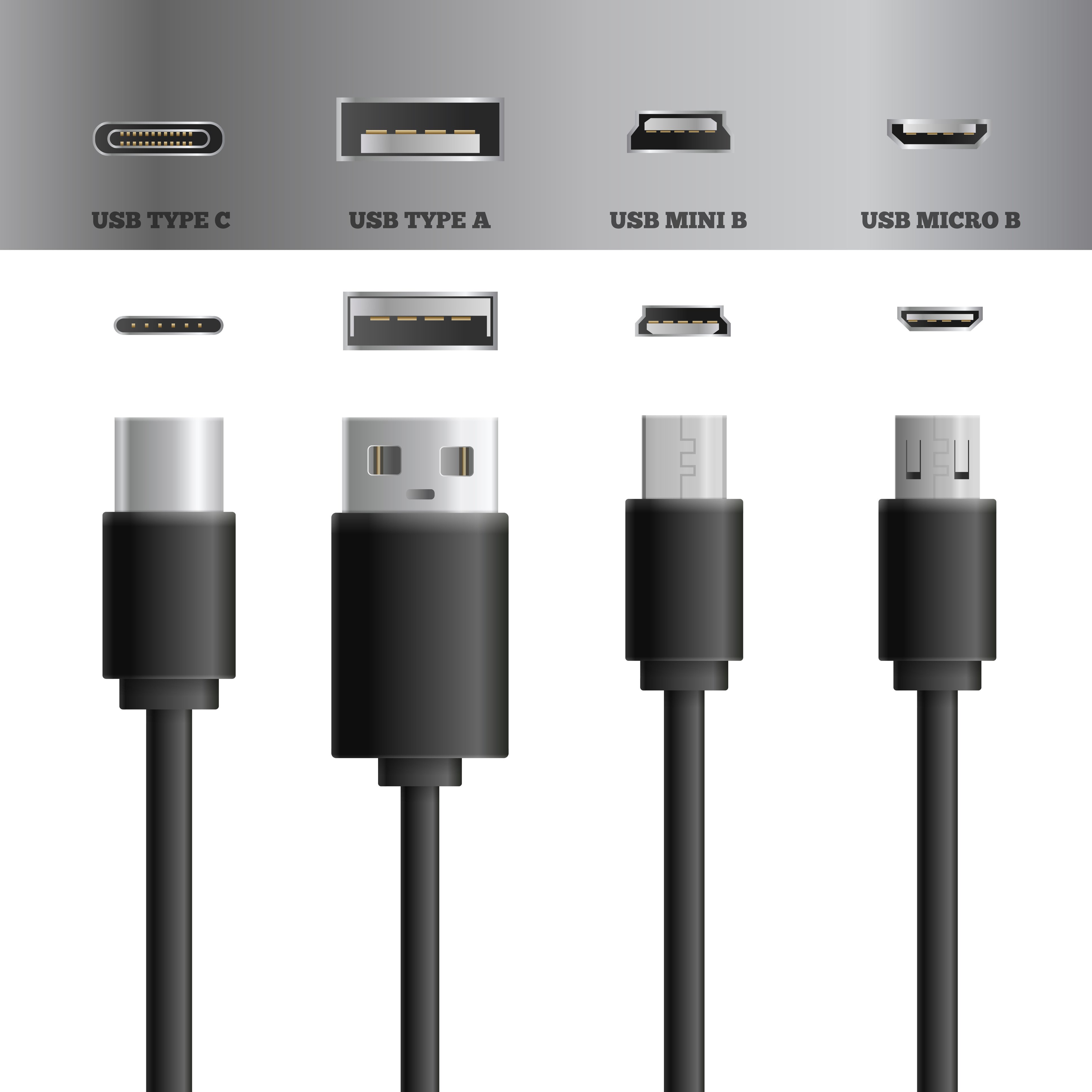 Figure 1. USB type A, USB mini and USB micro connectors. Source: macrovector/Adobe