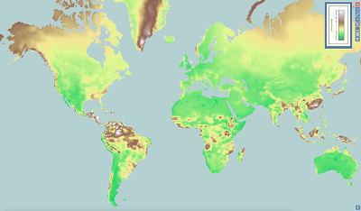 The ClimateEx interactive map shows where climate is expected to change most between 2000 and 2070. Brown and white areas indicate greater change in temperature, precipitation or both. Green indicates areas of least change. Source: University of Cincinnati