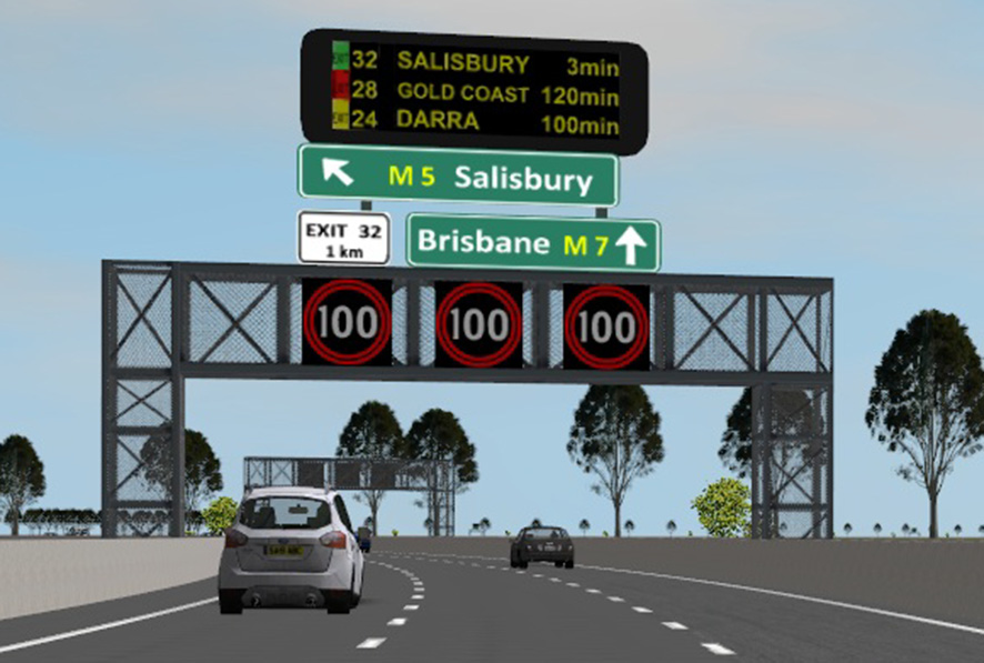 A CARRS-Q study has looked at whether freeway signage is too complicated for drivers. This is an example of where three signs are positioned at the one location. Image credit: Queensland University of Technology