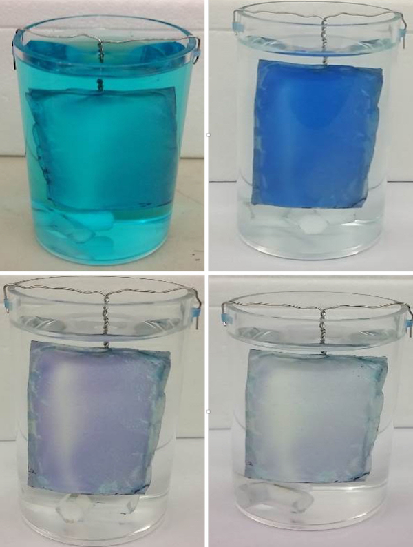 A nanoparticle-infused polymer mat both attracts and destroys pollutants in wastewater or drinking water. A mat, top left, is immersed in water with methylene blue as a contaminant. The contaminant is then absorbed at top right by the mat and, in the bottom images, destroyed by exposure to light. The mat is then ready for reuse. Source: Rice University and Nanotechnology-Enabled Water Treatment Center