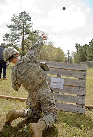A soldier at Fort Benning throws a prototype inert grenade from the kneeling position. Image credit: Herbert Wortmann.
