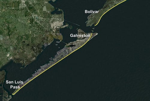 Map of proposed surge defenses near the ports of Galveston and Houston. Source: Texas A&M Foundation
