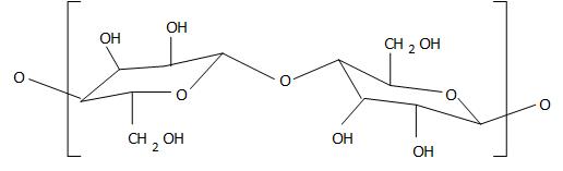 The basic structure of cellulose showing individual glucose monomers with oxygen linkages.