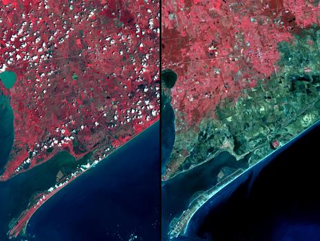 From the coast to over 15-km inland, salt water saturated the soil as a result of the 7-m storm surge pushed ashore by the force of the hurricane. The right image was acquired on September 28; the left image was acquired August 15, 2006. Vegetation is displayed in red, and inundated areas are in blue-green. Within the inundated area are several small "red islands" of high ground where salt domes raised the level of the land, and protected the vegetation. Source: NASA Jet Propulsion Lab