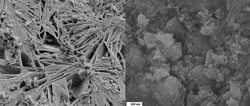 (Left) sodium acetate at 10000x zoom (Right) sodium acetate interacting with concrete at x20000 zoom. Source: Brunel University London