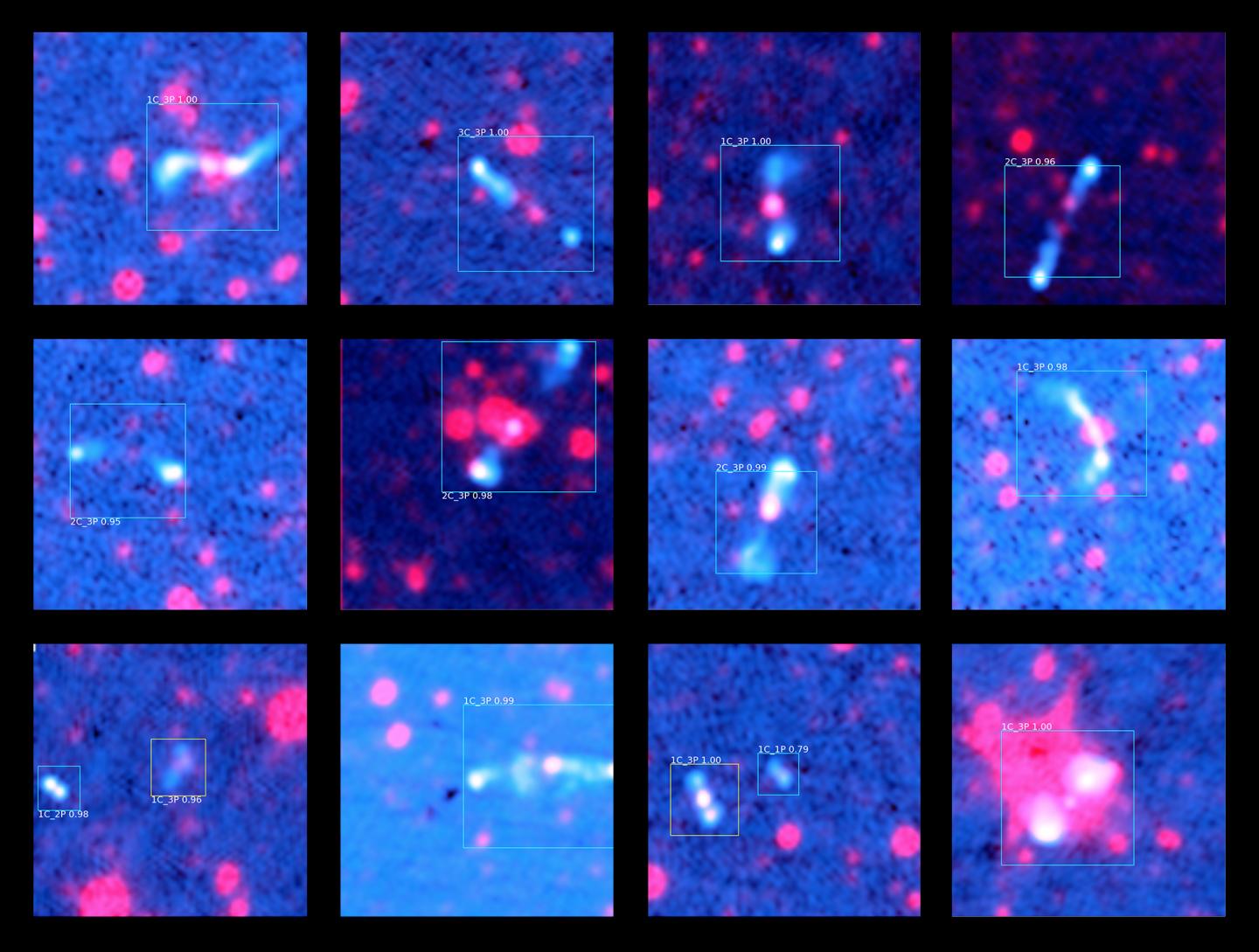 Fourteen radio galaxy predictions ClaRAN made during its scan of radio and infrared data. All predictions were made with a high 'confidence' level, shown as the number above the detection box.  (Source: Dr. Chen Wu and Dr. Ivy Wong, ICRAR/UWA) 