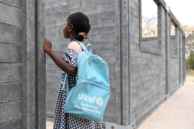 A school built of plastic bricks in a village in the center of Côte d'Ivoire. Source: UNICEF/Frank Dejongh