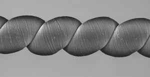Coiled carbon nanotube yarns, imaged here with a scanning electron microscope, generate electrical energy when stretched or twisted. Source: University of Texas at Dallas