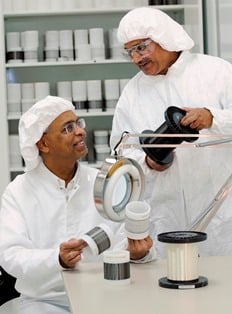 Professor Satish Kumar research engineer M.G. Kamath examine the precursor and carbon fibers processed at Georgia Tech. (Image Credit: Gary Meek, Georgia Tech)