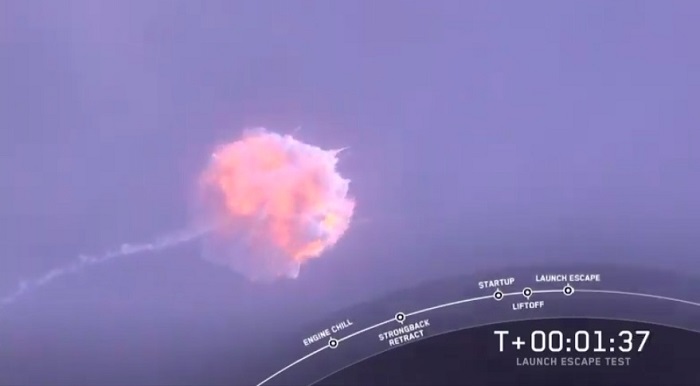 The Falcon 9 that launched a Crew Dragon spacecraft explodes shortly after the spacecraft fired its thrusters to escape the rocket. Source: NASA