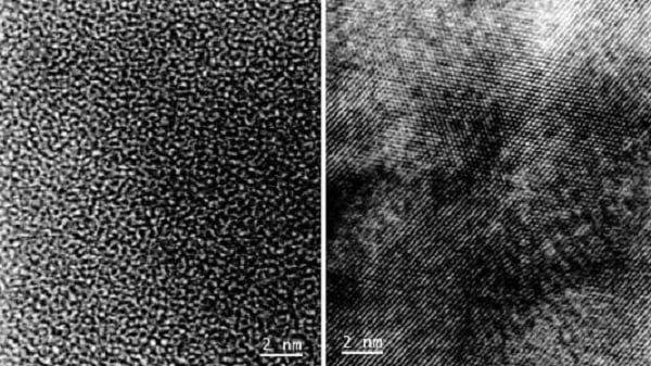 Transmission electron microscopy images verified the transformation of the electrode material from a disordered arrangement of atoms (left) to an ordered, crystalline structure (right). Source: U.S. Argonne National Laboratory