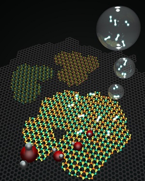 Molecular models representing a 2-D heterostructure made of graphene (gray background hexagonal lattice), and islands on top of hexagonal tungsten and molybdenum disulfide as well as an alloy of the two. (Source: Terrones Group/Penn State)
