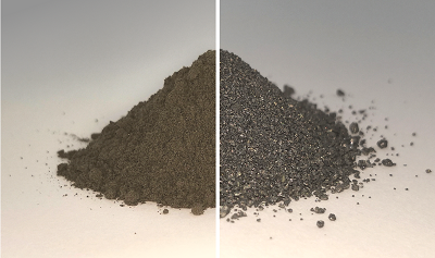 Simulated moondust before (left) and after (right) oxygen is extracted, leaving a metal alloy mixture. Source: Beth Lomax/University of Glasgow