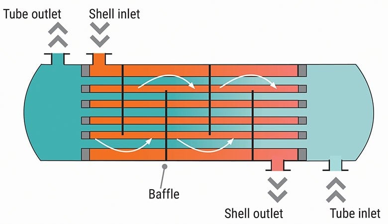 Figure 1. This illustration shows the main components of a shell-and-tube heat exchanger.