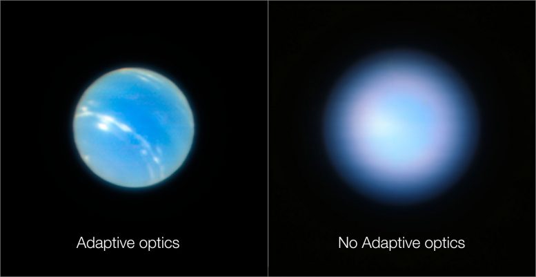 Images of Neptune with and without the narrow-field adaptive optics mode of the MUSE/GALACSI instrument. Source: ESO