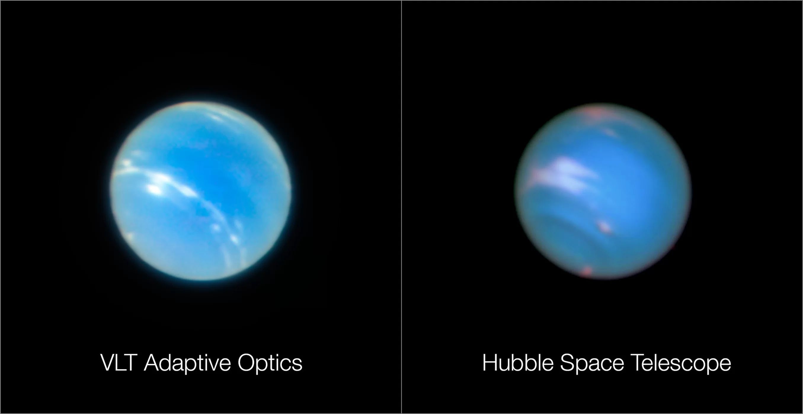 Neptune as viewed by the VLT adaptive optics mode and the by the Hubble Space Telescope. Source: ESO