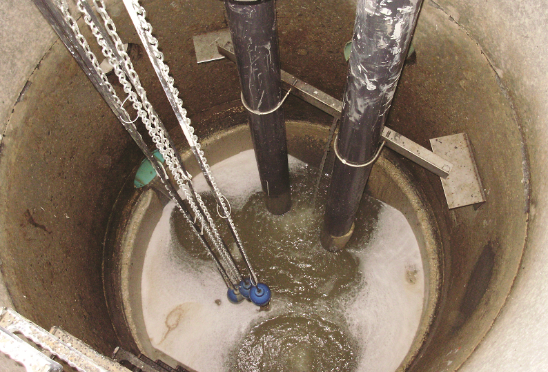 Figure 1: This wastewater sump shows suction pipes and float switches that lead to an above-ground pumping station. With this arrangement, no pumps, mechanical equipment or electrical componentry exist in the sump, thereby eliminating the need for humans to enter the confined space for operation and maintenance. Source: Smith & Loveless Inc.