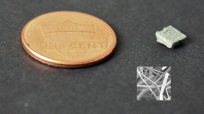 One of the small, flow-through electrodes demonstrated to produce more hydrogen from electrolysis. Inset: Electron microscope view of the felt. Source: Wiley Lab, Duke University