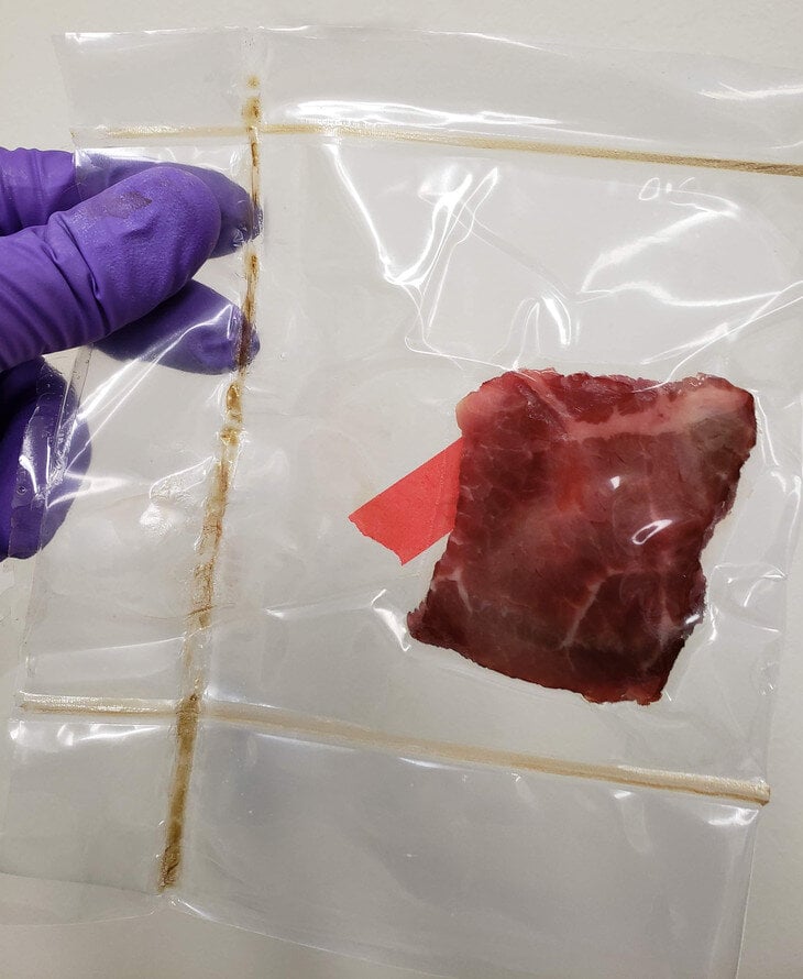 Raw beef, raw chicken breast and packaged turkey breast were introduced to pathogens then vacuum packaged with the antimicrobial film, sealed and placed into refrigerated storage. The composite antimicrobial film significantly reduced foodborne pathogens on the foods. Source: Penn State