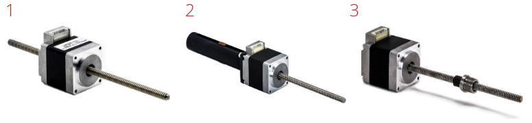 Figure 1. From left: Standard linear actuator; guided linear actuator; and leadscrew motor. Source: ElectroCraft