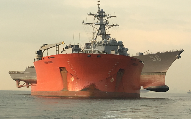 MV Treasure carries the USS John S. McCain in the Singapore Strait. Credit:Capt. Keith Lehnhardt, director of Supervisor of Salvage and Diving  