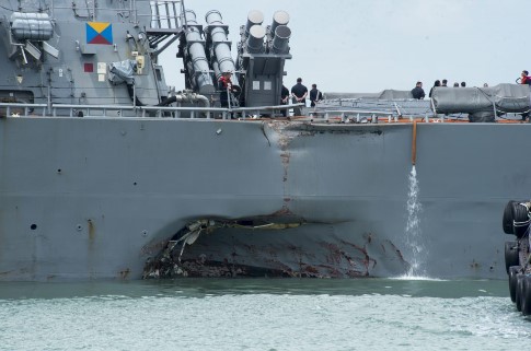 Damage to the USS John S McCain following the August 2017 accident. Source: U.S. Navy photo by Mass Communication Specialist 2nd Class Joshua Fulton