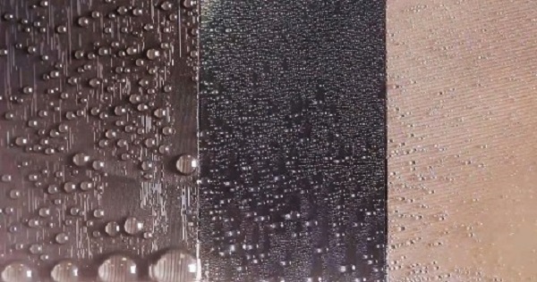 The left panel depicts the new directional SRS, the middle panel is a slippery liquid-infused porous surface and the right panel is a superhydrophobic surface. The image shows a comparison of water harvesting performance of SRS vs other state-of-the-art liquid repellent surfaces. Source: Xianming Dai/Nan Sun/Jing Wang/Tak-Sing Wong, Penn State