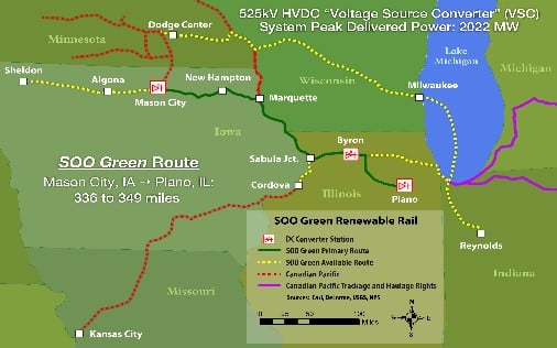 (Click to enlarge.) Route map of proposed HVDC line. Source: Direct Connect Developers