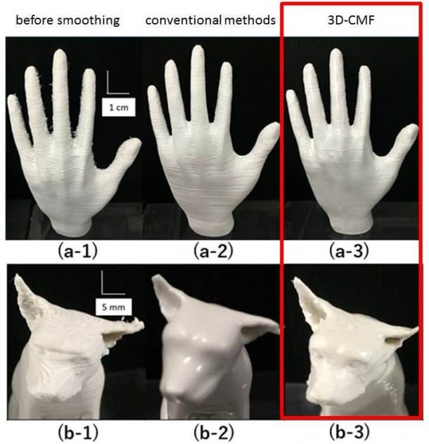 Visual comparison of printed surface before smoothing (1), with smoothing by conventional methods (2) and by 3-D-CMF (3). CMF result (a-3) is more uniform than polishing (a-2), and CMF (b-3) accurately preserves more desired surface detail than solvent vapor method (b-2). Source: Waseda University