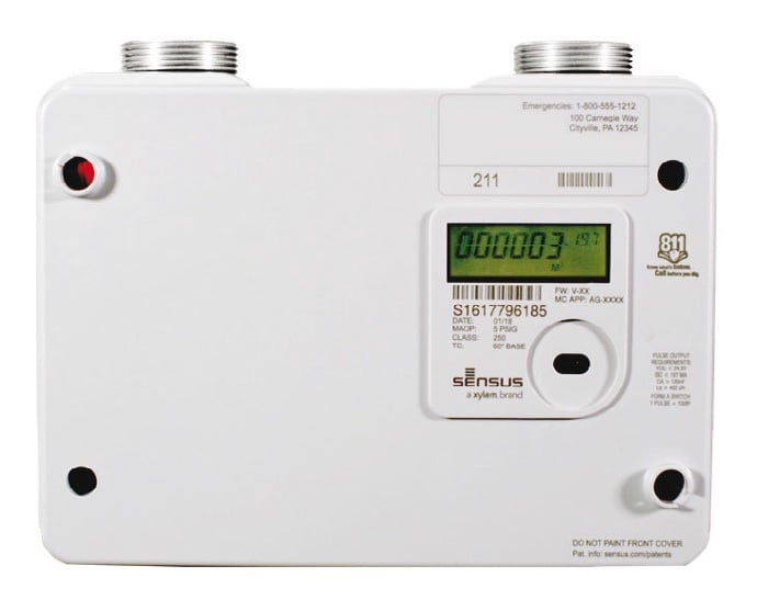 Figure 1: The Sensus Sonix IQ ultrasonic meter for residential class use (250 and 400 CFH), weighs about 6 lb. Source: Sensus