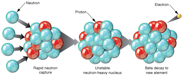 Figure 4. The nucleosynthesis R-process produces heavy elements with Z >26 from lighter seed nuclei. Unstable isotopes produced beta decay to new stable elements. Source: Greg Brennecka LLNL